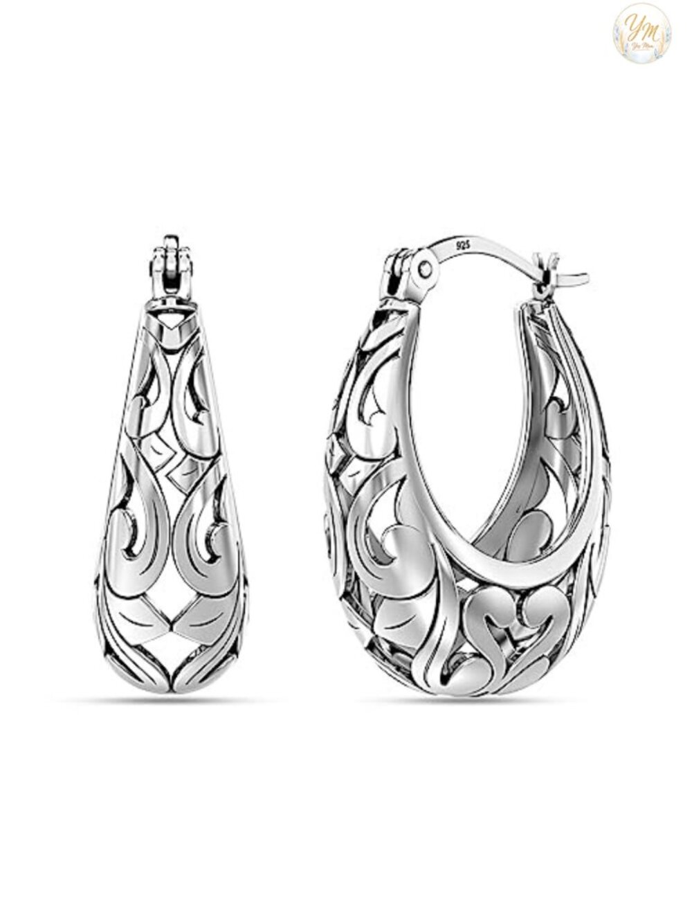 Sterling Silver Filigree Hoop Earrings for Women, Lightweight Hypoallergenic